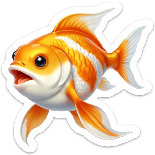 Cinematic Cute Yawning Orange and White Goldfish Portrait Emoji, Head tilted slightly with a dramatic, wide-open yawn, showcasing a smooth body with a balanced blend of orange and white, graceful fins slightly drooping, round golden eyes barely open in drowsy contentment, Simplified yet irresistibly adorable features, highly detailed, glowing with a soft, cozy glow, high shine, relaxed yet expressive, stylized with a touch of whimsy, bright and endearing, soft glowing outline, capturing the essence of a sleepy yet affectionate goldfish, so drowsy it feels like it could float out of the screen and curl up for a nap! sticker