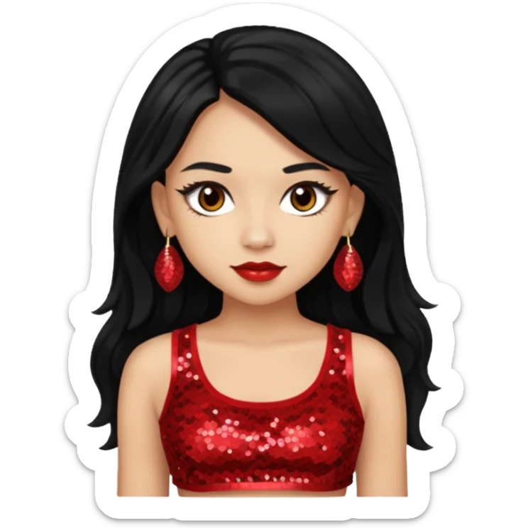 Jade from Bratz with long black hair, light skin, brown eyes, red sequin crop top sticker