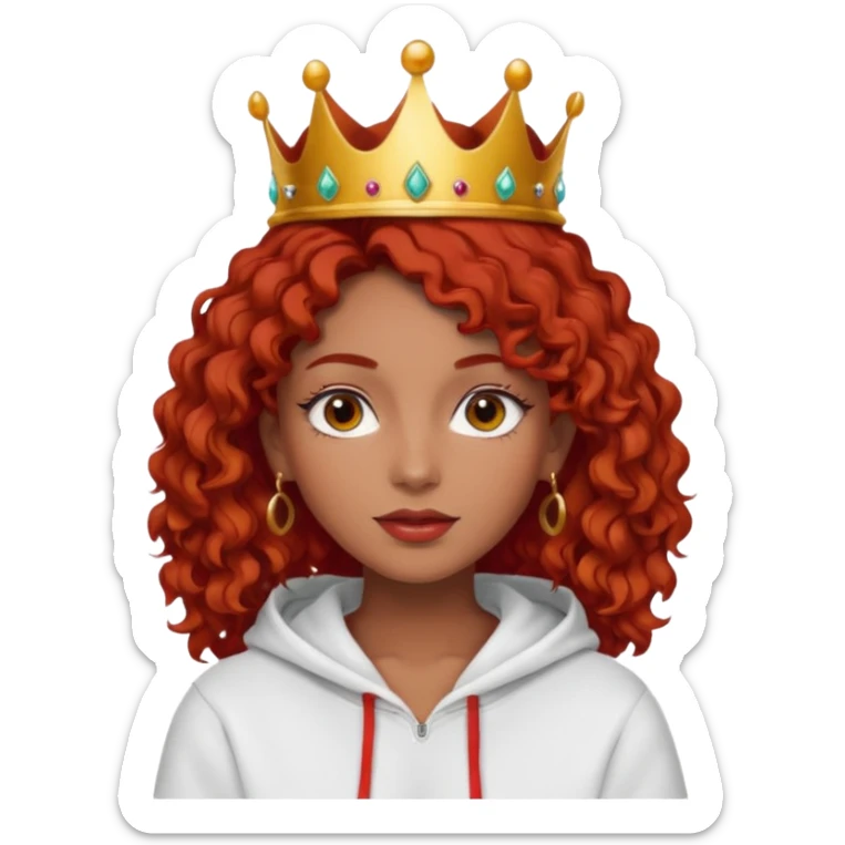 Slim girl with a fine face, dark chocolate-colored and tanned skin, medium-length curly tomato-red hair, dark eyes, medium-thick eyelashes, and a crown and hoop earrings wearing a white hooded sweatshirt.
 sticker