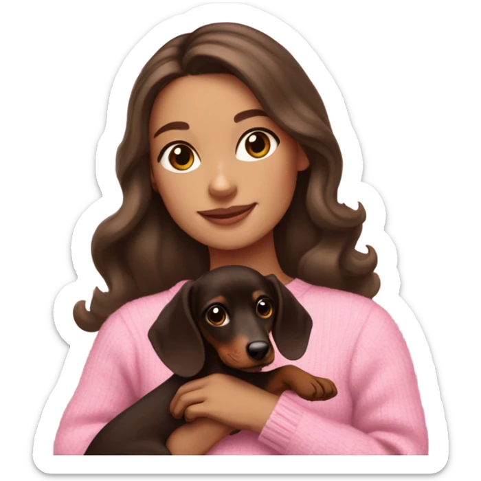 white girl with dark brown long wavy hair in a pink sweater holds a dark brown and cream dachshund long-haired puppy in her arms sticker