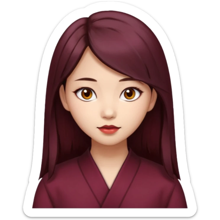 asian girl, long dark burgundy brown hair, hazel brown eyes, half lidded eyes, wolfcut hairstyle sticker