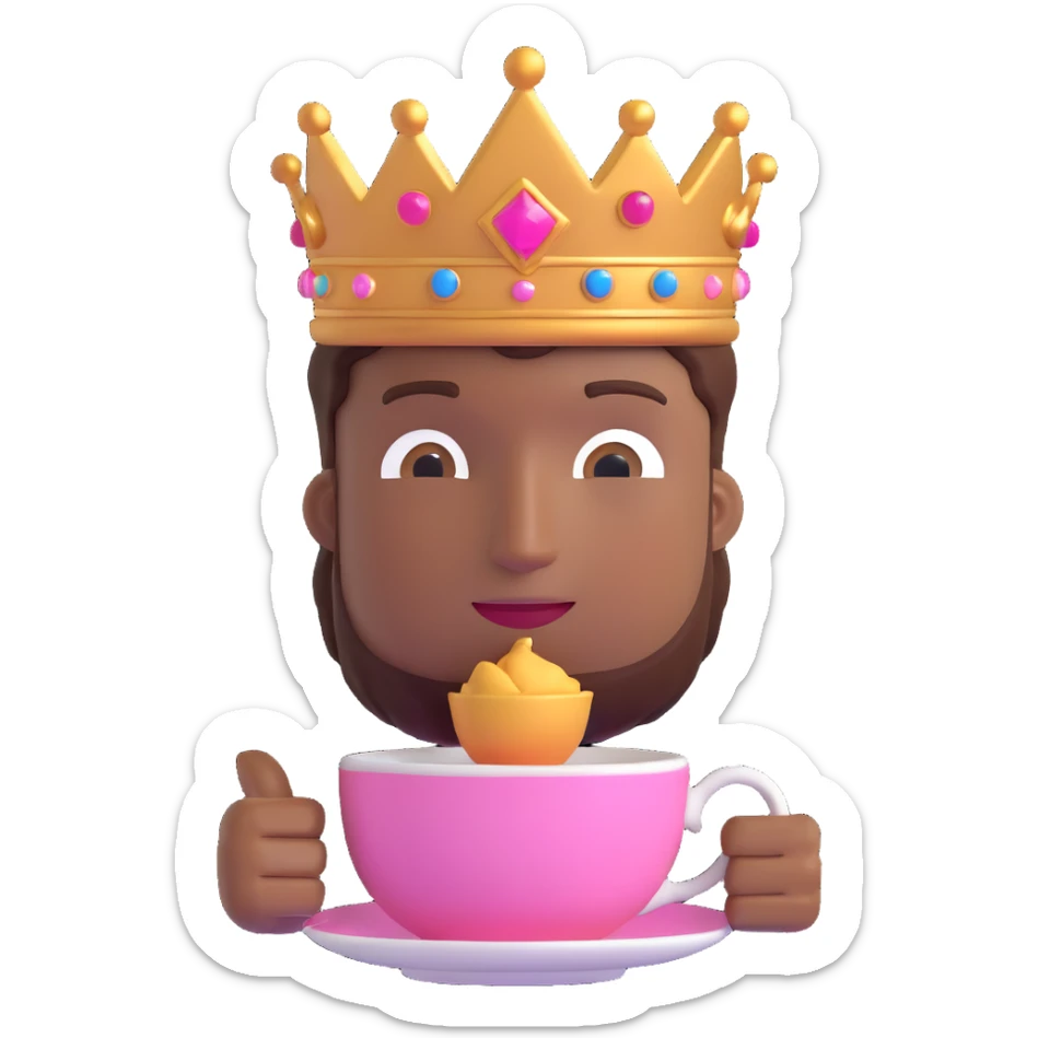 brown skin male emoji, pink crown, sipping from a teacup, peaceful and elegant sticker