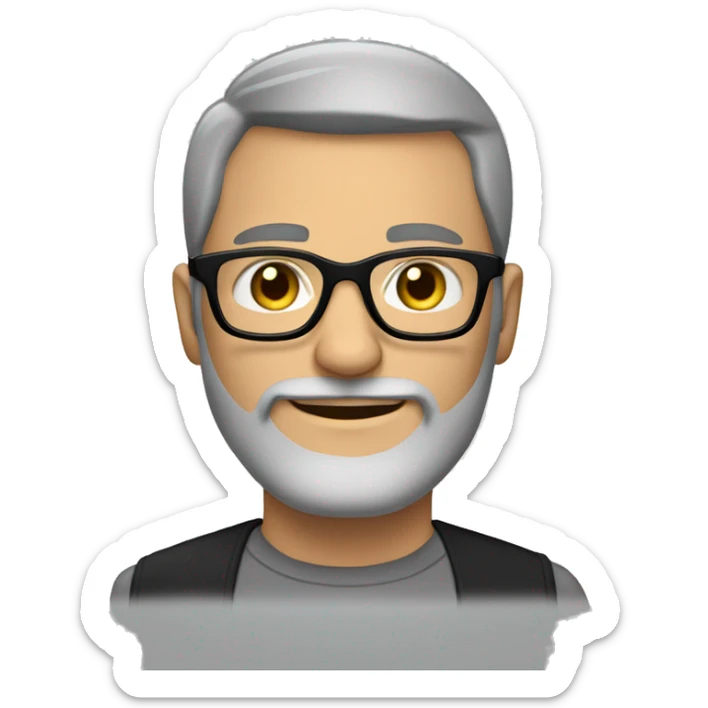 Tall guy with black and grey hair, acetate black rim glasses and black and grey beard sticker