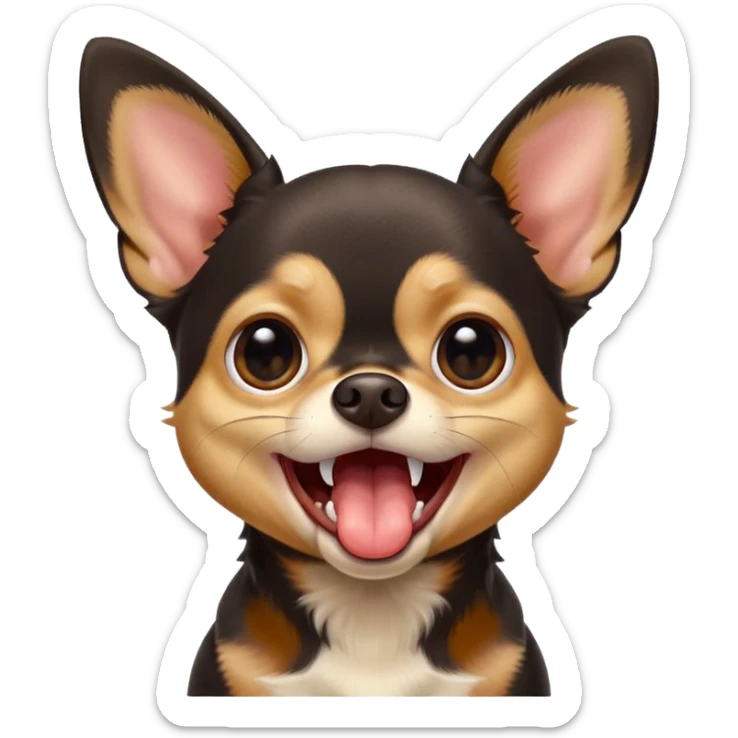 A high-resolution photo-realistic digital illustration of a black and tan chihuahua with big eyes yawning. sticker