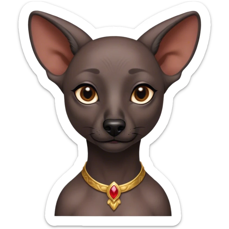 Cinematic Noble Xoloitzcuintle Portrait Emoji, Poised and regal, with a sleek, muscular build and smooth, hairless ebony skin accented by subtle wrinkles, deep-set soulful dark eyes, Simplified yet sharp and sophisticated features, highly detailed, glowing with a soft, dignified glow, high shine, intelligent and loyal, stylized with an air of ancient grace, focused and attentive, soft glowing outline, capturing the essence of a watchful and confident guardian, so majestic it feels as though it could stride out of the screen with effortless authority! sticker