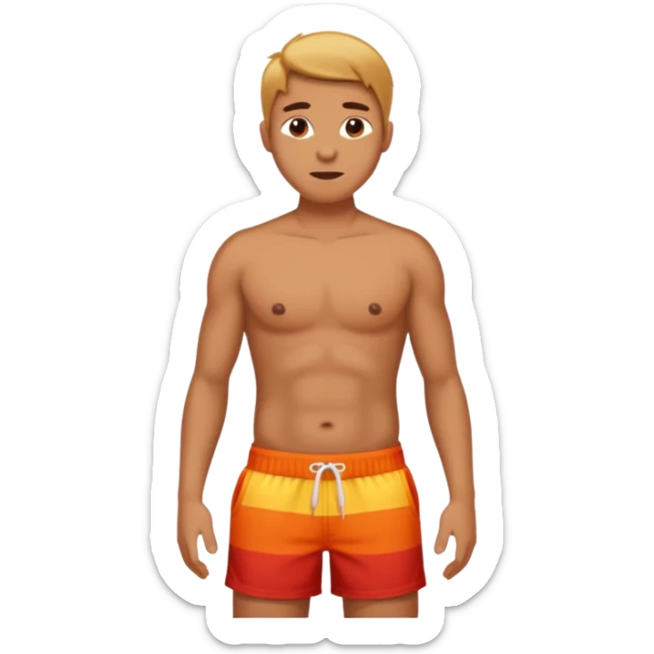 Emoji-style person in beach shorts with sunburned shoulders and chest - the chest and stomach should be white, the rest of the skin should be very red - very sunburned.  sticker