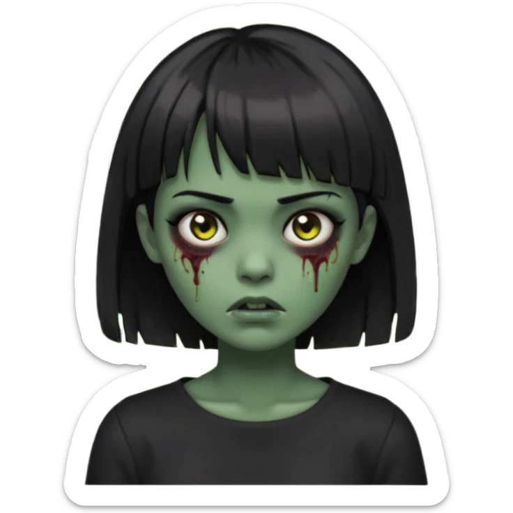 Zombie girl emoji verde escuro com cabelo curto liso preto no ombro e franja na altura da sobrancelha cobrindo completamente a testa, usando uma blusa preta, com olhos pretos  sticker