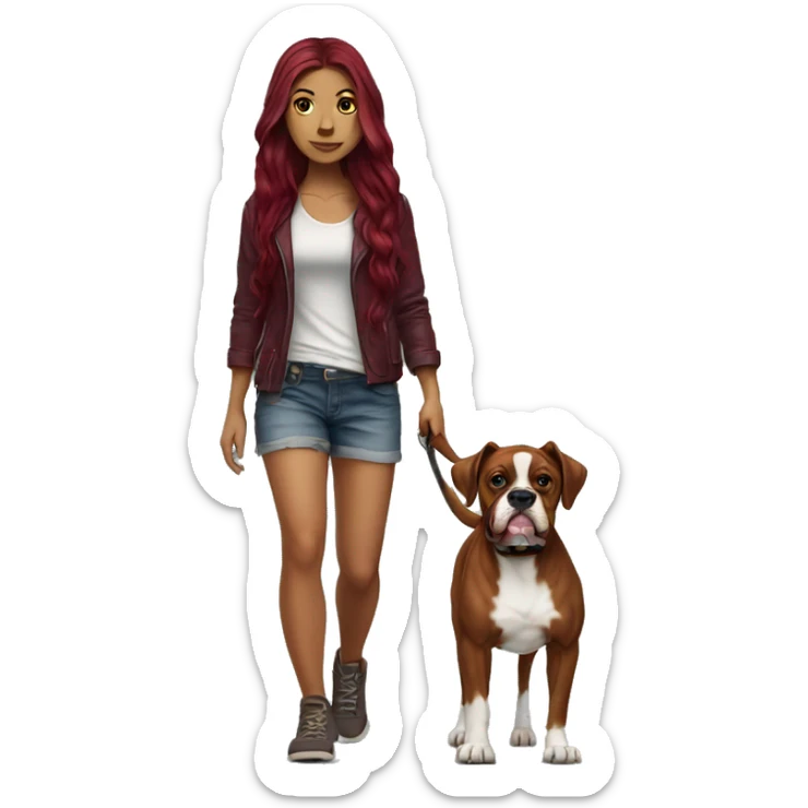 Beautiful tattooed  burgundy long haired woman walking a boxer dog sticker