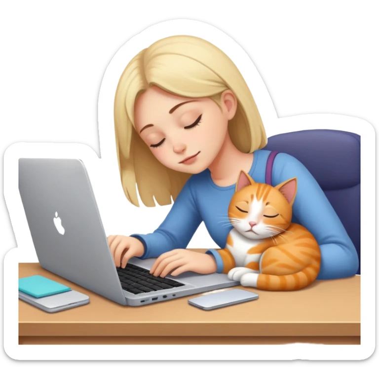 A girl is working hard in front of her laptop, and a cat is sleeping next to it sticker