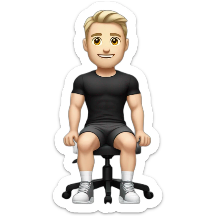 Pale skinned Fit Man With the biceps and dark brown hair in black shirt, gray sports shorts and white Sneakers Sitting on a chair sticker