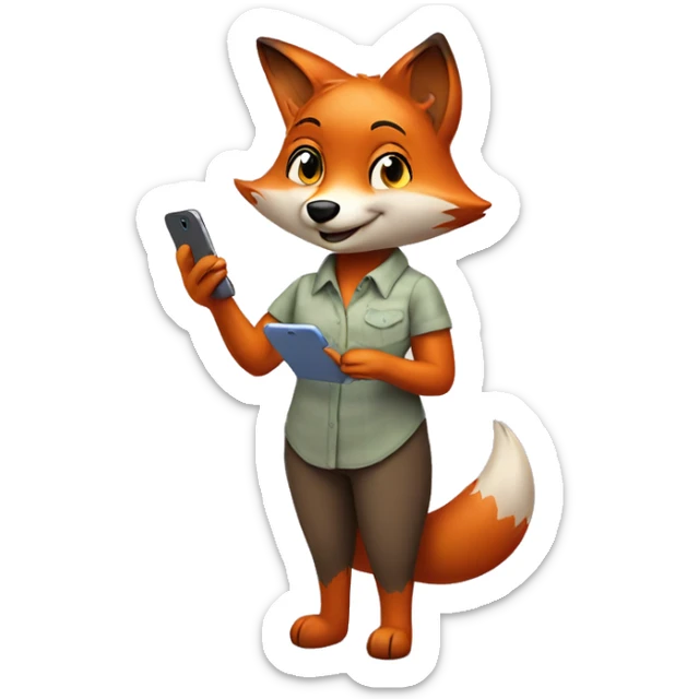 Happy fox (she is a female fox. She is animal) stands in a shirt, and uses her favourite app in the phone. She holds her phone and stares in it. sticker