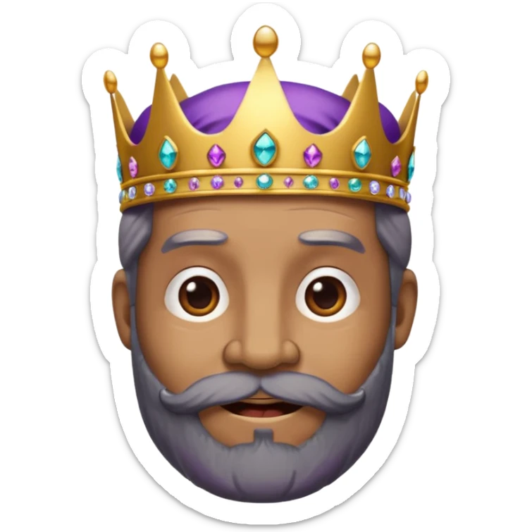 Create a cartoon-style emoji of Baltasar, one of the Three Wise Men. Only show his face and crown. He is older, with a black beard, joyful wrinkles, and a purple and gold jeweled crown. Express warmth and wisdom. Colorful and simple, suitable as an emoji. sticker