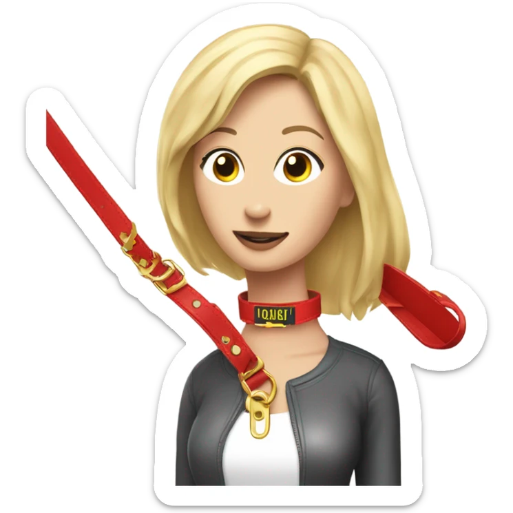 Put a Red leather dog collar and golden tag on a blond white human female with medium length hair and add a red leash connected to the collar sticker