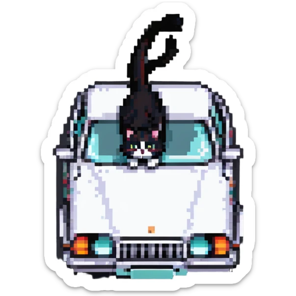 a cat stretching on the hood of a car, pixel art style sticker