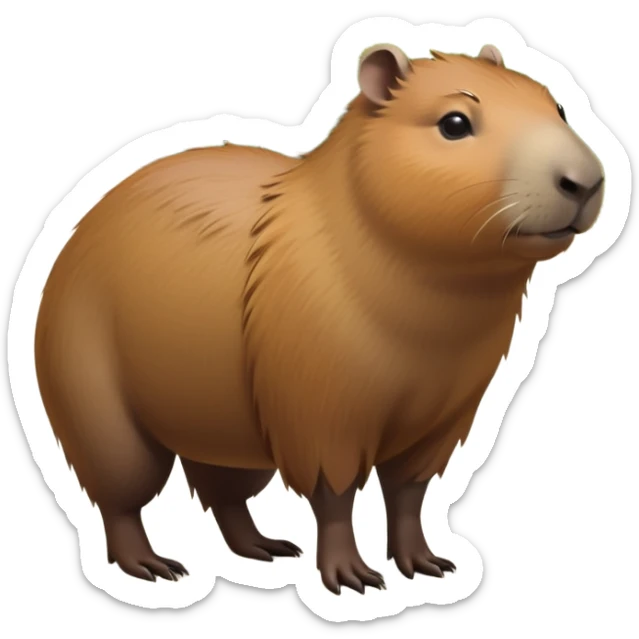 cinematic-capybara-realistic-full-body-on-all-fours-emoji,-plump-and-relaxed-body-soaking-in-the-warm-sun,-short-brown-fur-slightly-ruffled,-head-tilted-dramatically,-calm-expressive-eyes-exuding-serene-wisdom,-simplified-yet-realistic sticker