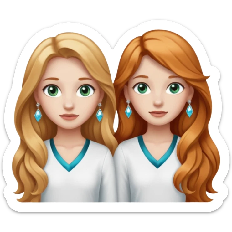 two girls top halfs, one with long wavy strawberry blonde hair and greenish blue eyes, white diamond earrings and wearing white, the other with straight black long hair, brown eyes, silver earrings and wearing black sticker