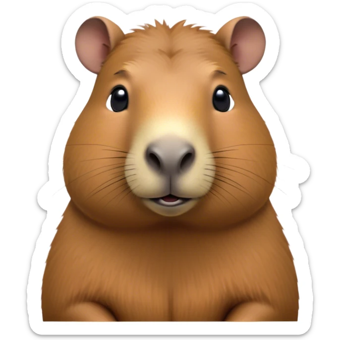 Cinematic Noble Capybara Portrait Emoji, Poised and serene, with a robust, rounded build and a characteristically broad, slightly flattened capybara face featuring a short snout and small, rounded ears, covered in soft, earthy fur with subtle natural texture and gentle, wise eyes; rendered in lifelike detail with natural light, high shine, intelligent and calm, styled with an air of understated authority, focused and attentive, soft glowing outline, capturing the essence of a watchful and confident capybara that appears ready to step out of the screen with effortless dignity! sticker