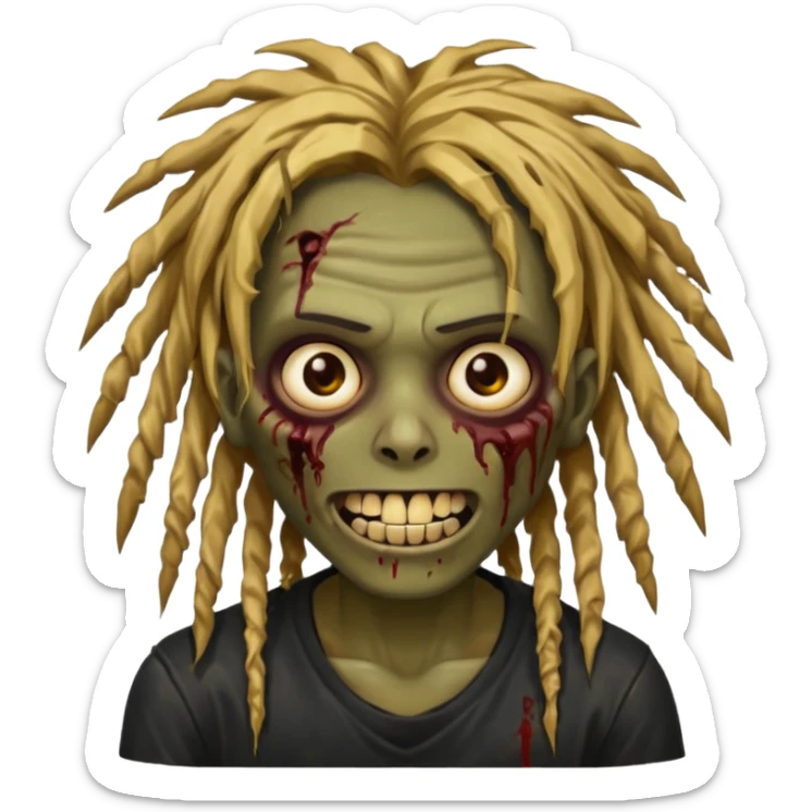 zombie with brown skin, messy gold dreads hair, wide centered brown eyes, dark bloody marks under the eyes, and a smile showing shiny metal teeth,black shirt, giving a distressed, undead look. sticker
