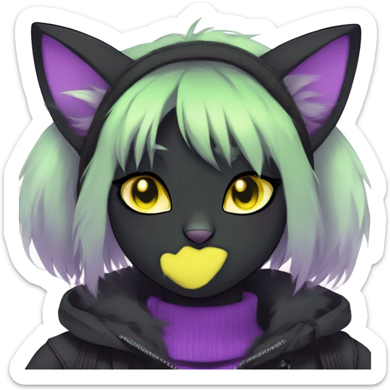 Gorgeous furry dark techwear style anthro black cat furry sona Fakemon face yellow-green eyes with ponytail, aesthetic and pretty edgy black with violet collar and harness trending style sticker