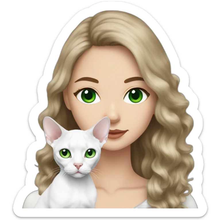 White brunette long hair woman with green eyes holding white devon rex with blue eyes sticker