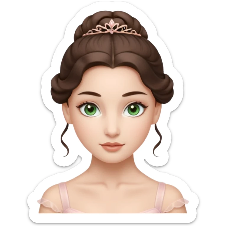 Cinema Realistic Ballerina Portrait, with porcelain-like skin featuring a natural rosy flush, illuminated by soft lighting that highlights the gentle contours of her face. Her Brunette hair flows in soft.Her deep green light eyes radiate framed by arched brows and long lashes. sticker