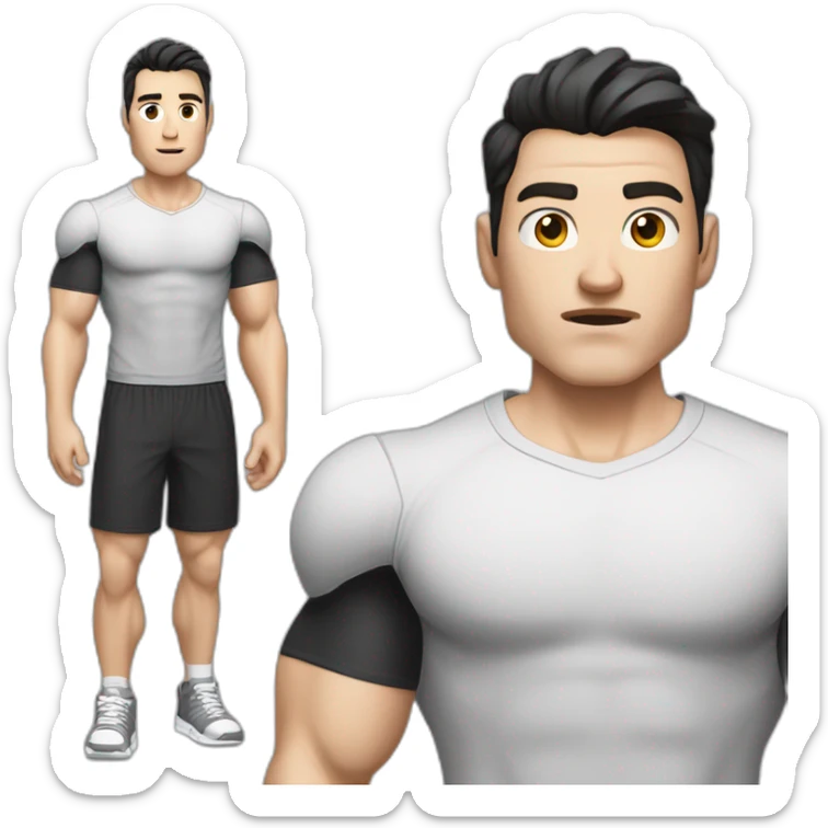 Confused Pale skinned Fit Man With the biceps and dark brown hair in black shirt, gray sports shorts and white Sneakers sticker