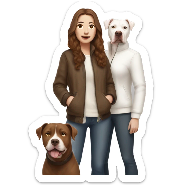 white woman with long brown hair in a furry jacket standing alongside a white pitbull with a brown patch around his eye sticker