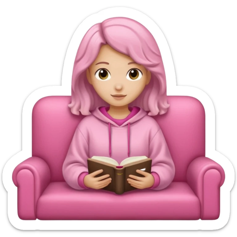 Una chica linda de cabello oscuro con ondas hasta los hombros de piel blanca con una sudadera rosa en un sofá cómodo y hermoso leyendo la biblia sticker