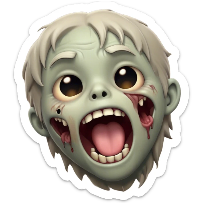 Cinematic Cute Yawning Zombie Portrait Emoji, with a delightfully quirky, slightly disheveled face in muted ashen tones, head tilted back in a big, funny yawn that reveals quirky stitches and playful gaps, simplified yet irresistibly charming, highly detailed with a soft, eerie glowing outline capturing the sleepy, offbeat vibe of a zombie taking a nap! sticker