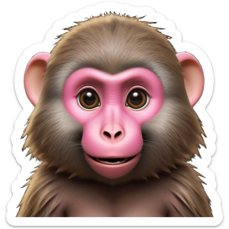 Cinematic Cute Baboon Portrait Emoji, Head tilted playfully and inquisitively, featuring a vibrant Fur of earthy browns with expressive, round, sparkling eyes filled with curiosity, Simplified yet irresistibly adorable features, highly detailed, glowing with a warm, friendly glow, high shine, affectionate and spirited, stylized with a touch of urban whimsy, bright and endearing, soft glowing outline, capturing the essence of a mischievous yet loving baboon, so playful it feels like it could leap out of the screen and into your arms! sticker