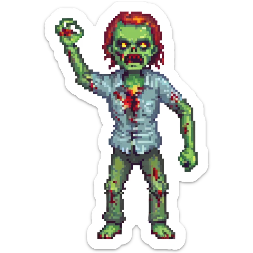 an angry zombie, arms up, bloody and crooked, normal human bodily proportions sticker
