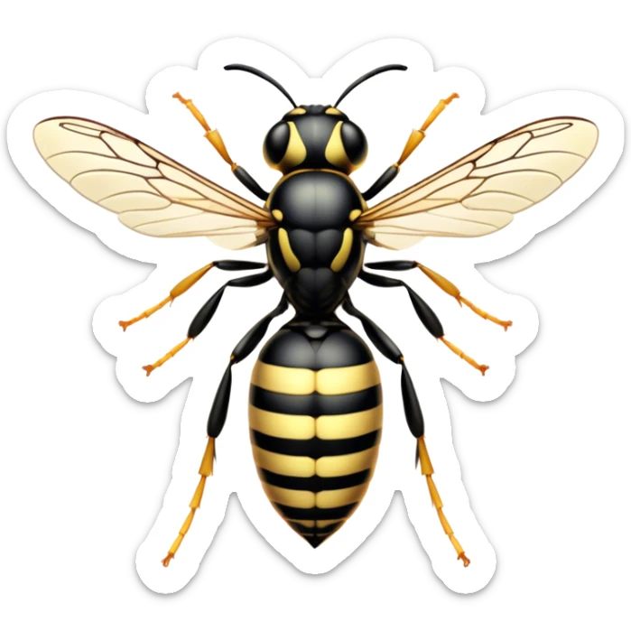 Beautiful and Majestic Wasp Portrait Emoji, Head and body rendered in serene repose with a gentle, confident smile, showcasing a refined, streamlined form with delicately patterned stripes and softly closed, focused eyes, Simplified yet exquisitely endearing features, highly detailed, glowing with a soft, drowsy radiance, high shine, relaxed and utterly noble, stylized with an air of regal insect elegance, soft glowing outline, capturing the essence of a beautiful and majestic wasp that embodies the refined power of nature! sticker