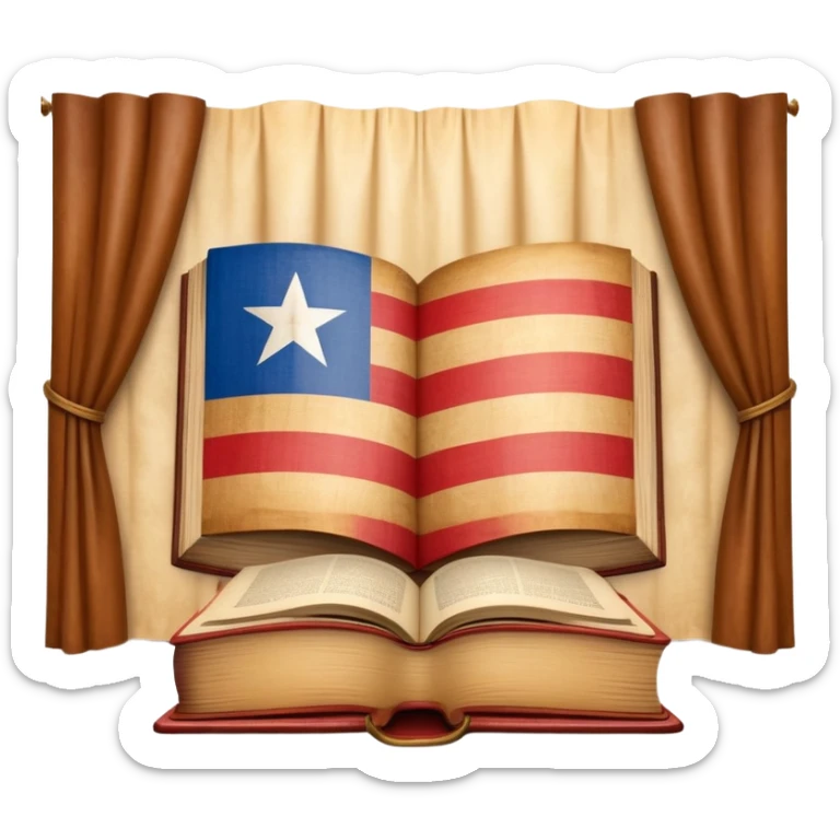Ancient book with Puerto Rican flag on leather cover, theater curtain symbol carved in wood, warm vintage parchment textures, soft golden glow representing timelessness and theatrical heritage sticker