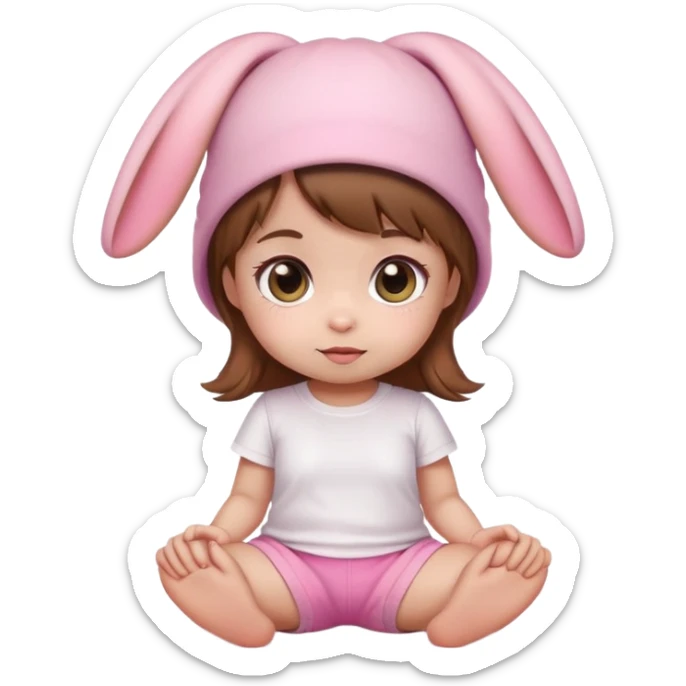 Kawaii baby girl emoji, sitting, brown hair, big eyes, pink bunny ear hat, white t-shirt, pink shorts sticker