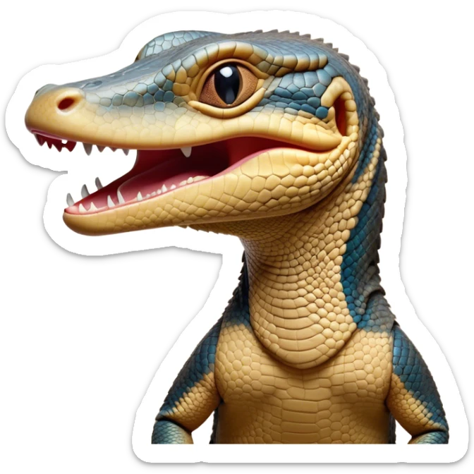 Cinematic Realistic Cute Yawning Monitor Lizard Portrait Emoji, Head tilted slightly with a dramatic, wide-open yawn, showcasing a soft, textured scaled hide with subtly drooping features and half-closed, drowsy eyes, rendered with meticulous natural detail and warm shadows, high shine, relaxed yet expressive, styled with a dash of desert charm, soft glowing outline, capturing the essence of a sleepy yet affectionate monitor lizard that appears ready to stretch out for a restful nap! sticker