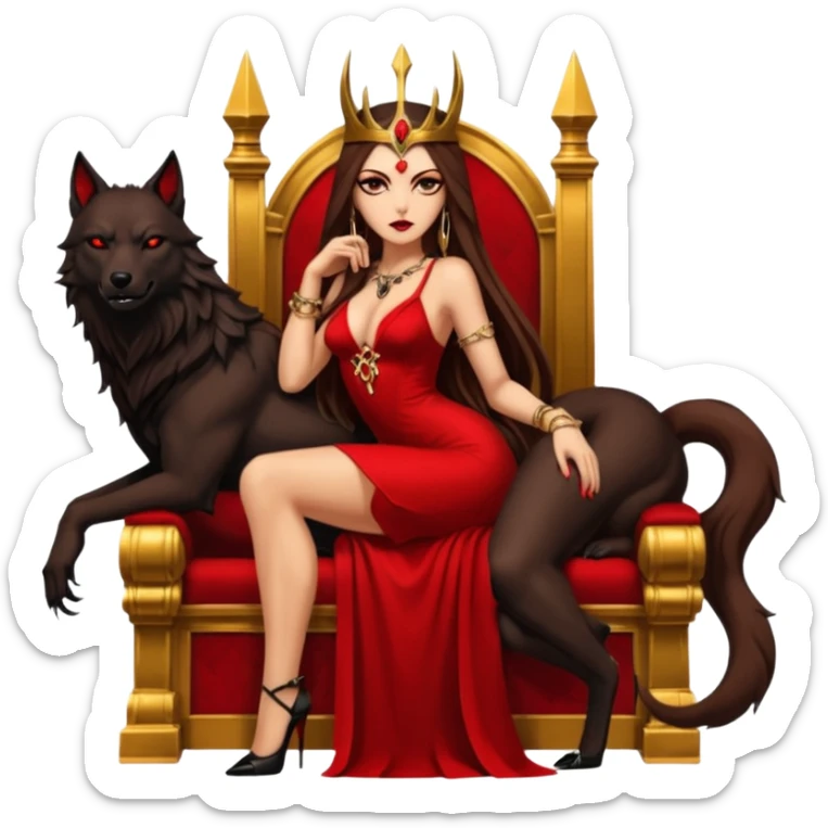 Caramel skin toned Lilith symbol seductress evil brown straight long hair haired, sexy succubus woman with red and black Chanel dress sitting on a Black and gold throne. A large black wolf laying beside he sticker