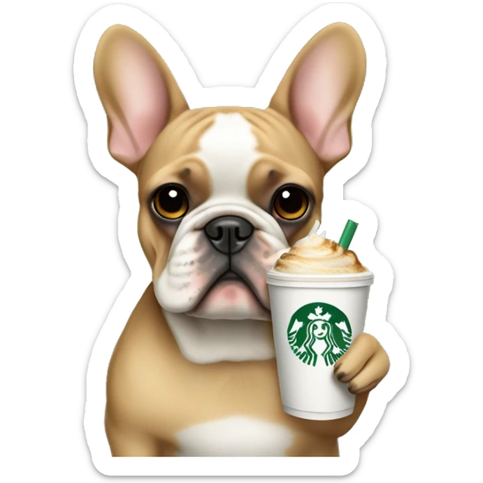 Black and tan French bulldog holding a Starbucks iced chai sticker