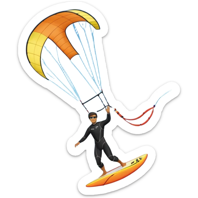 Kiter man con neopreno negro largo en el mar con una cometa kite surf de 18 metros,haciendo kite surf y el truco downloop sticker