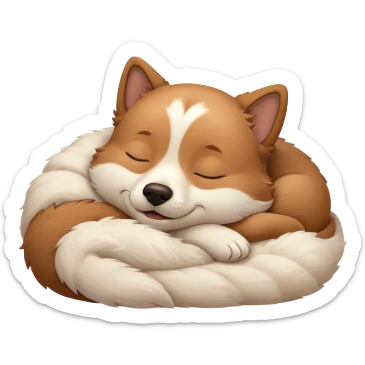 Meme-Worthy Cute Sleeping Domestic Dog Portrait Emoji, Head resting peacefully with a contented smile, showcasing a delightfully cuddly build and a luxuriously soft coat, eyes gently closed in serene, restful slumber, Simplified yet hilariously adorable features, highly detailed, glowing with a soft, drowsy light, high shine, relaxed and utterly lovable, stylized with an air of playful laziness, soft glowing outline, capturing the essence of a sleeping dog that feels destined to become the next viral sensation of adorable rest! sticker
