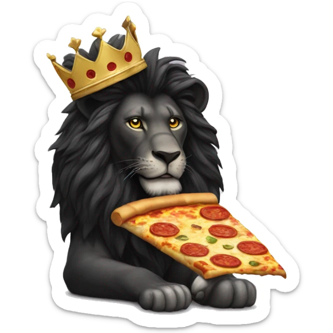 A Black lion with a golde crown on the at. eating a slice of pizza sticker