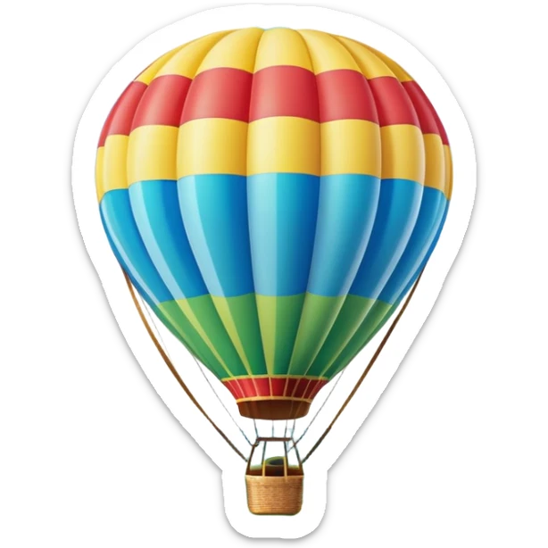 A colorful hot air balloon floating gracefully above the ground, with a clear sky and distant hills in the background. The balloon's vibrant colors stand out against the soft clouds, capturing the peaceful yet adventurous spirit of hot air ballooning. sticker
