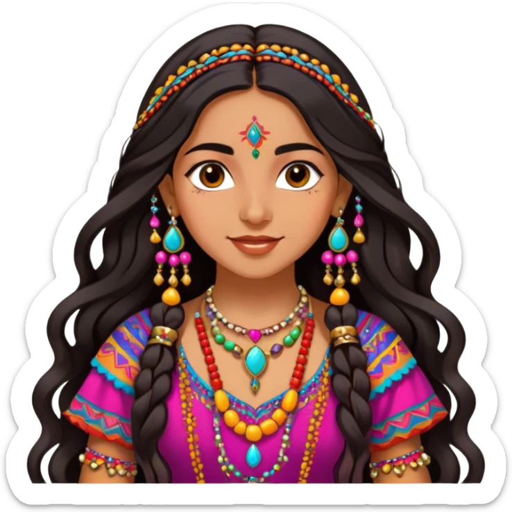 A Romani girl with long dark hair, wearing a colorful, traditional dress with intricate patterns, and a bright, joyful expression, surrounded by vibrant accessories and jewelry sticker