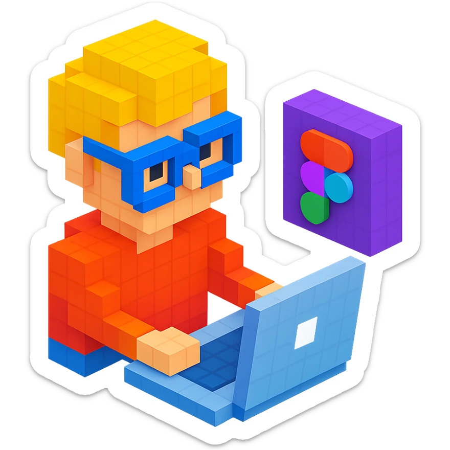 designer working on a MacBook with Figma logo, voxel style sticker