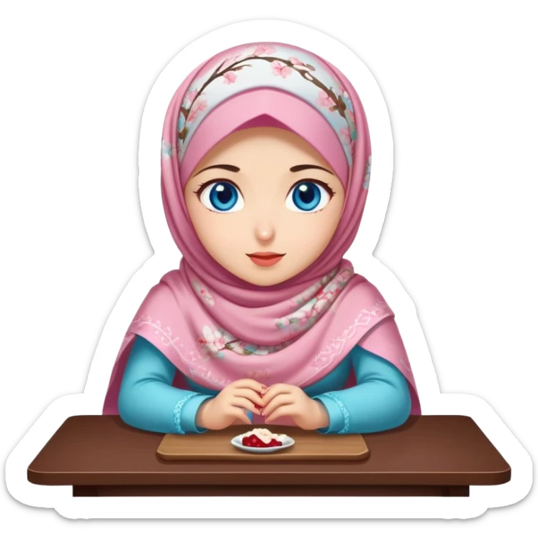 Turkish beautiful finish Konya girl blue eyes with cherry blossom floral hijab islamic dress and with yummy Drooling face on the table sticker