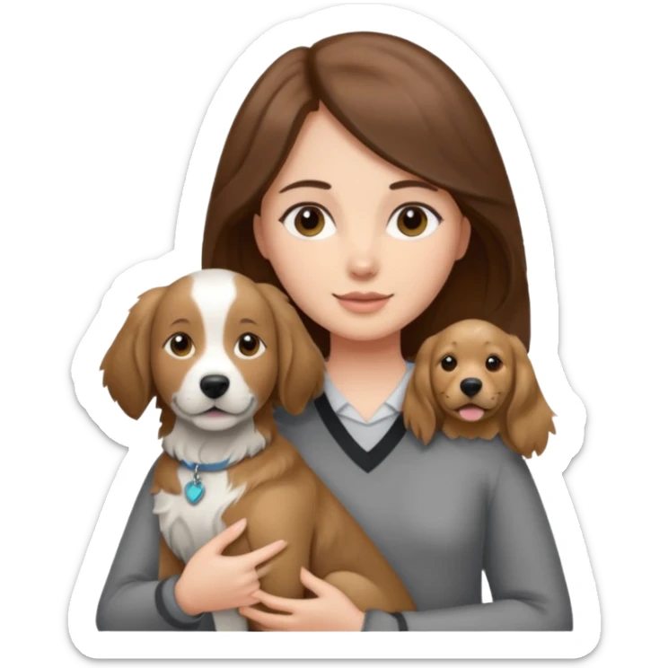 Girl with brown hair holding grey white and black golden retriever dog sticker