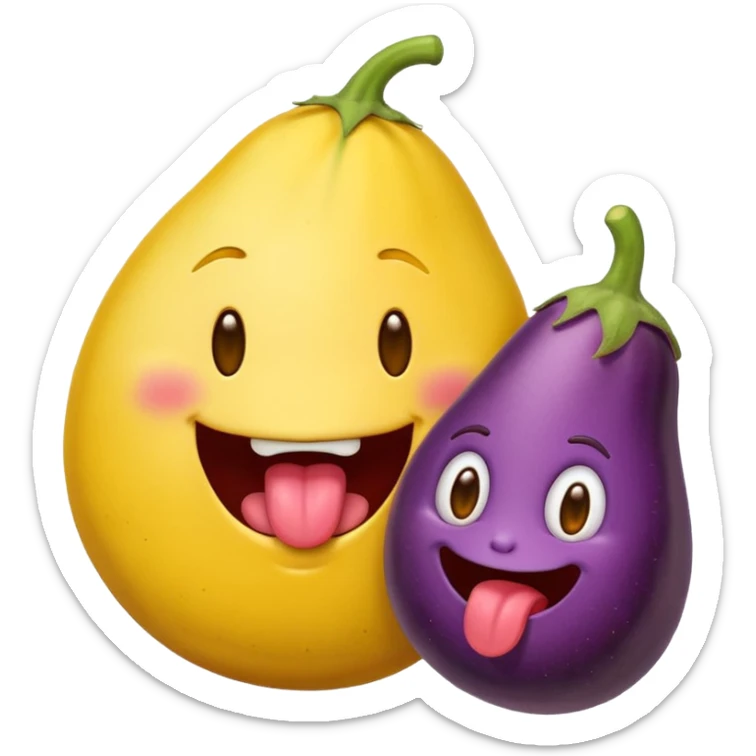 Round yellow emoji face with a tongue poking out, and an egg plant in mouth  sticker
