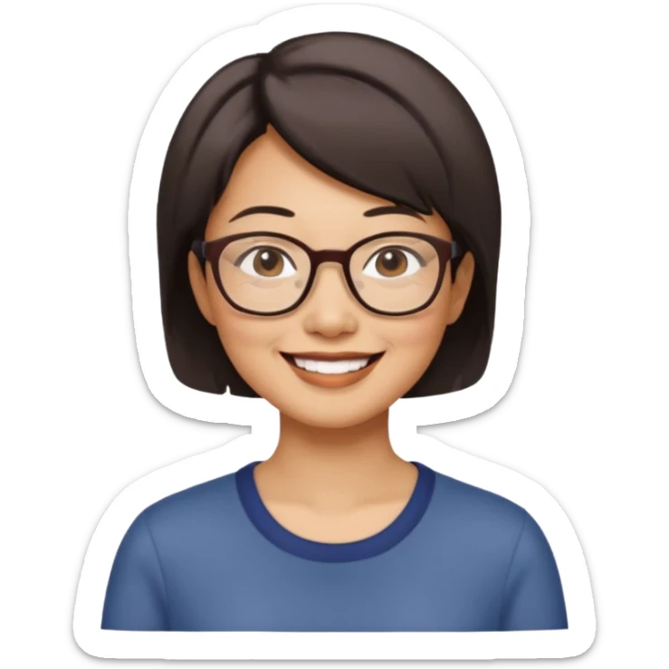 a middle-aged Asian woman with short hair wearing glasses and an impression sticker