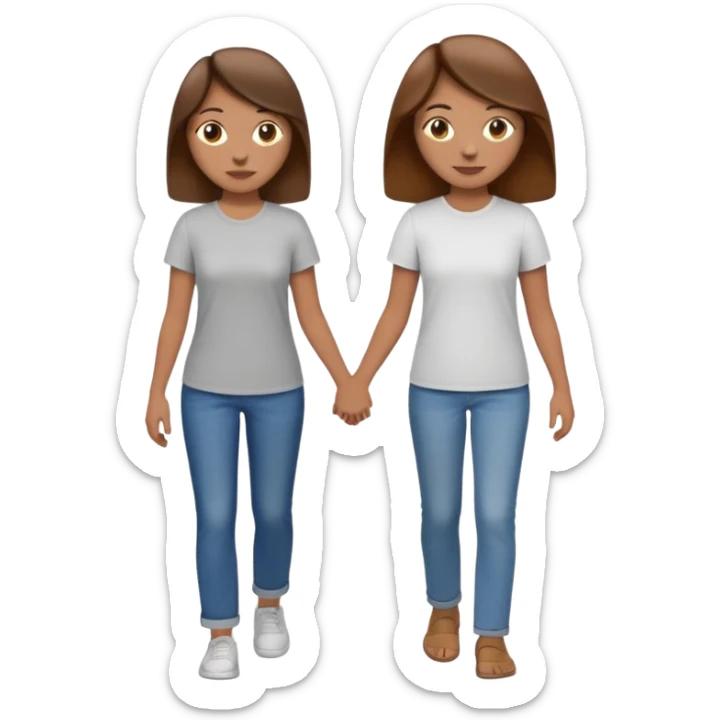 based on emoji style, two people walking together. one is brown-haired woman, wearing a shirt,  Another one is a non-binary person, wearing t shirt and jeans, and the second person doesn't have anything on their hands. They are not holding hands sticker