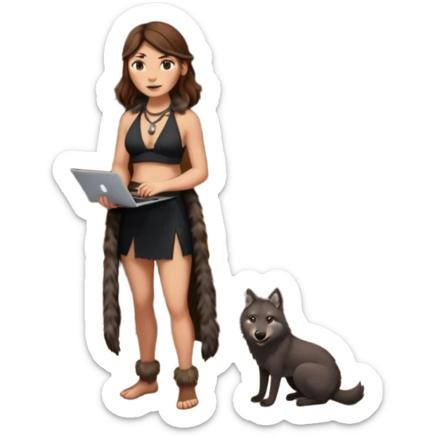 a NEANDERTHAL WOMAN WITH BROWN HAIR STANDING BY A FIRE AND TENT WITH BLACK WOLF HALTER TOP AND A LAPTOP AND FUR COAT sticker
