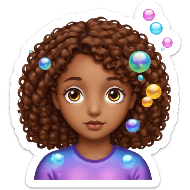 girl with brown curly hair in a side part with big brown eyes looking off to the side with bubbles on both sides of her sticker